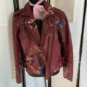 Colleen Lopez faux leather embroidered moto jacket